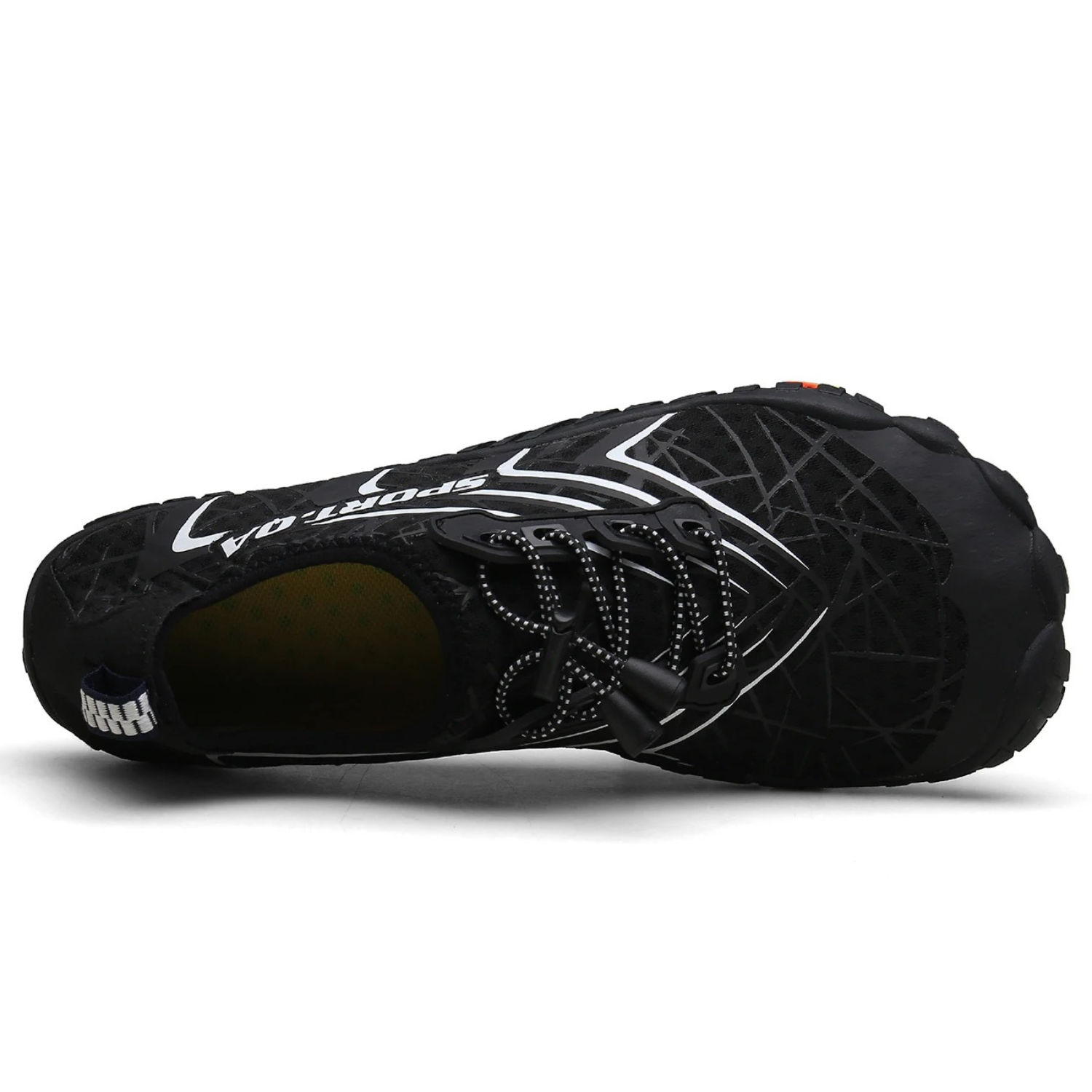 Bottom view of black water shoe with textured non-slip sole.