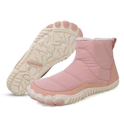 Pink insulated snow boot with beige non-slip sole and fleece lining, side and bottom view.