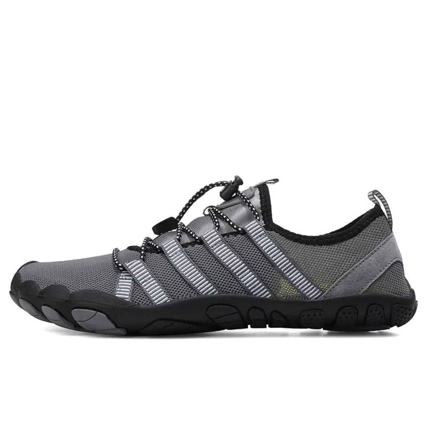 Gray water shoe with black sole and adjustable elastic laces, shown from the side.