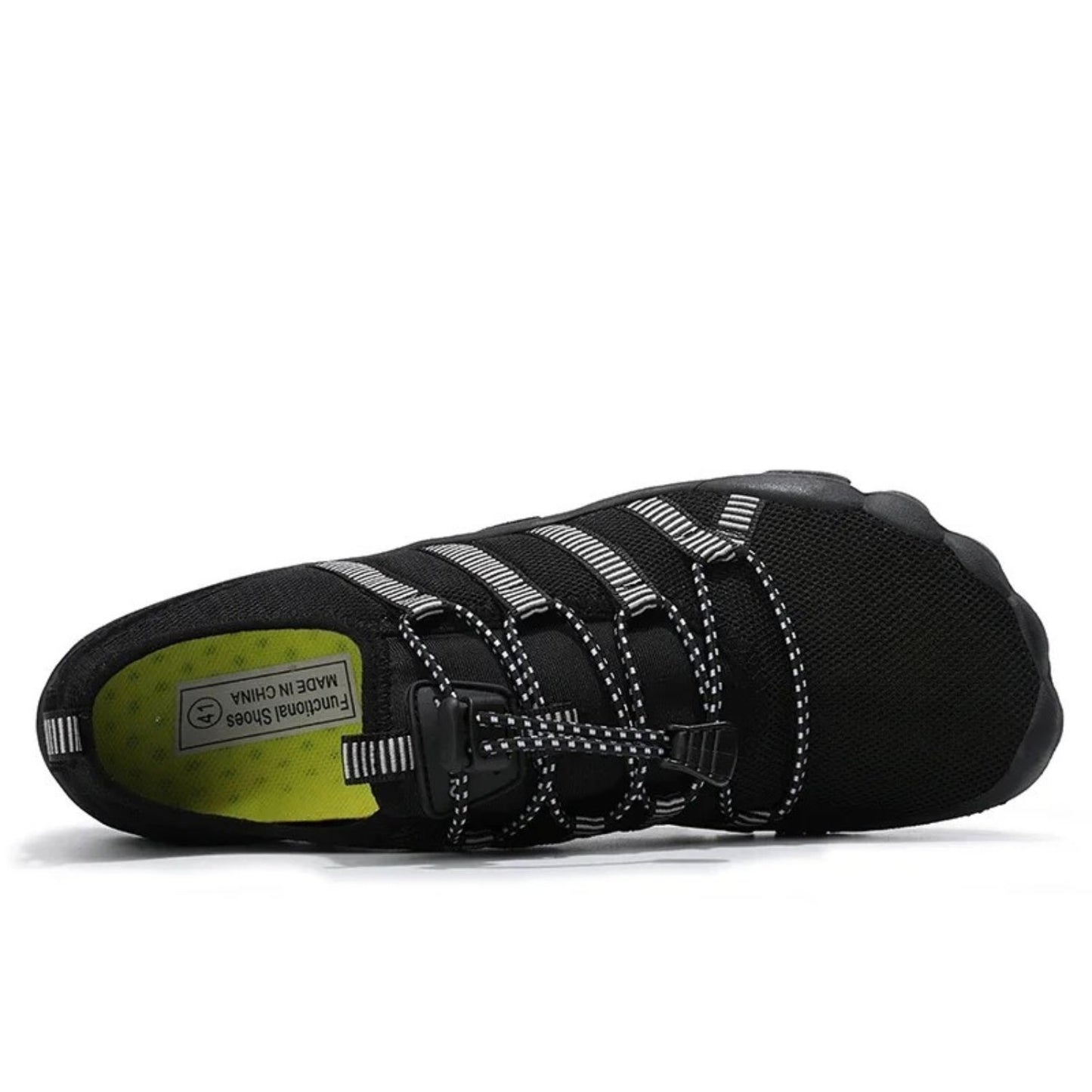 Top view of black water shoe with elastic laces and lime green inner sole.