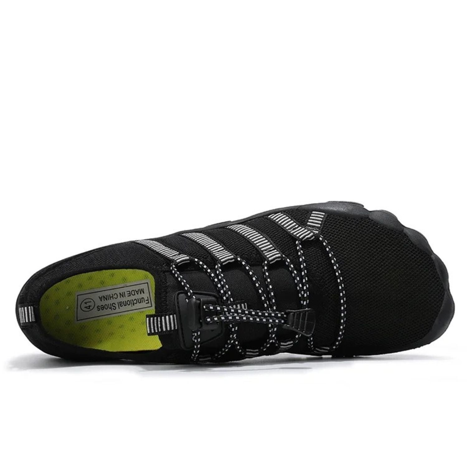 Top view of black water shoe with elastic laces and lime green inner sole.