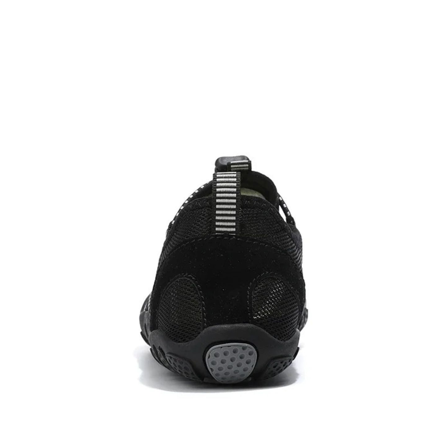Back view of black barefoot water shoe with pull tab and gray heel detail.