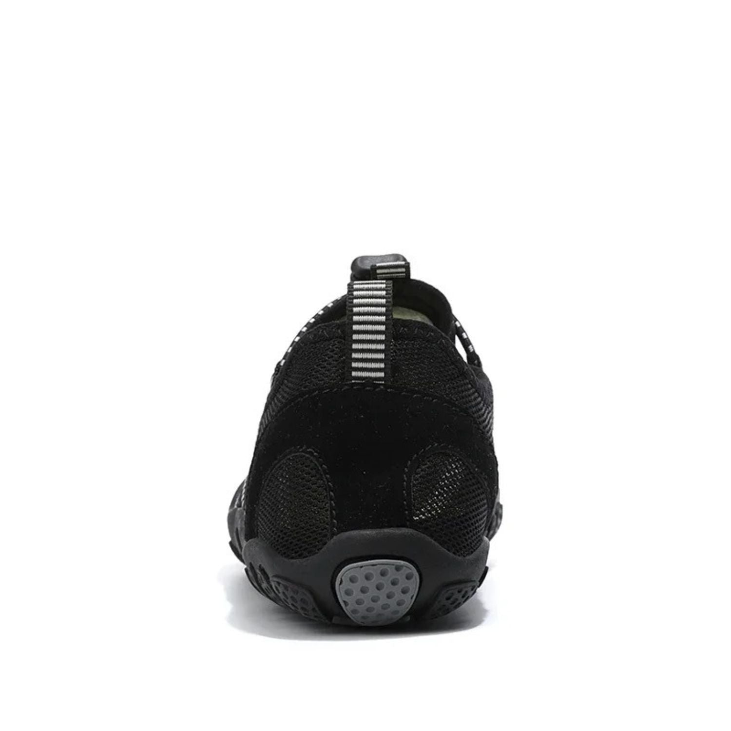 Back view of black barefoot water shoe with pull tab and gray heel detail.
