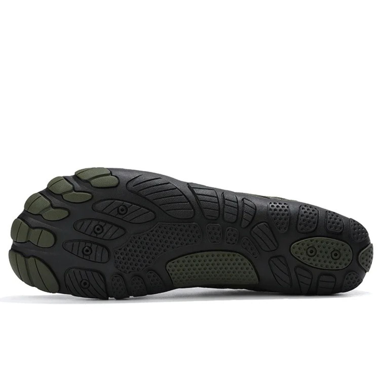 Bottom view of black water shoe outsole with green anti-slip tread pattern.