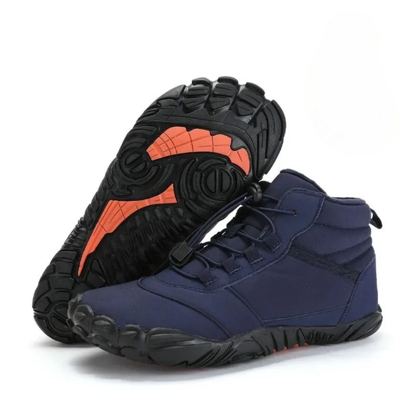 Navy outdoor boot with high-traction black and orange sole, shown at an angle.