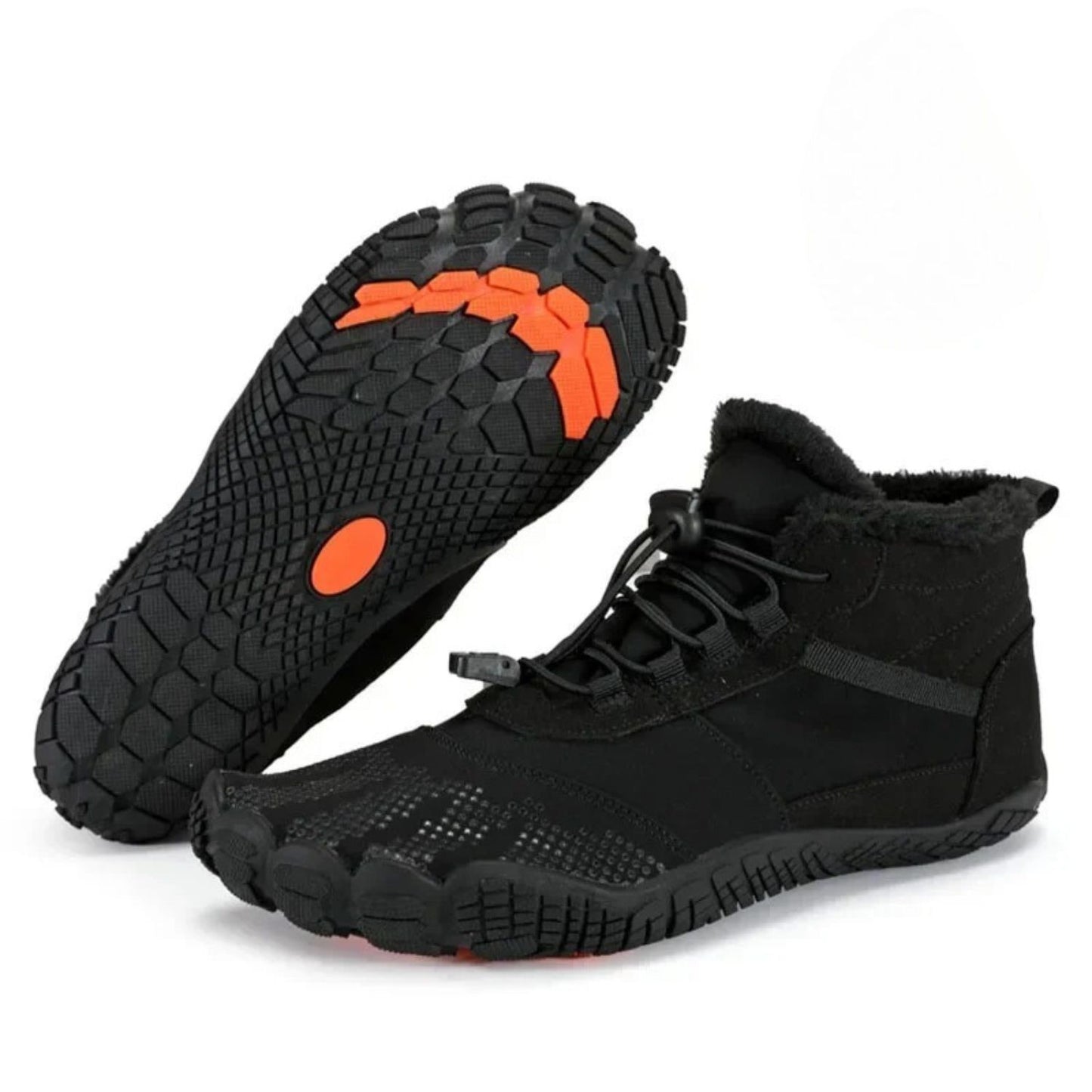 Black hiking boot with thick treaded sole and orange grip detail, angled view.