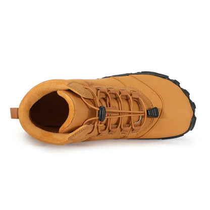 Back view of brown hiking boot with padded collar and pull tab above heel.